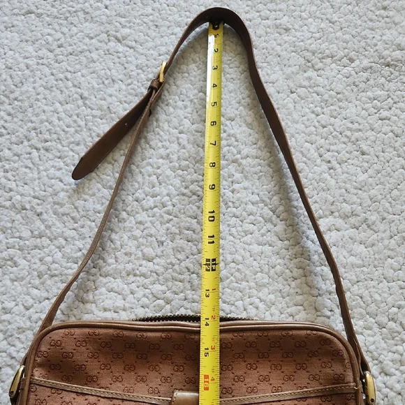 GUCCI Brown Tan Shoulder Bag w/ Signature Logo Fabric Leather sides Gold Details - Picture 11 of 16